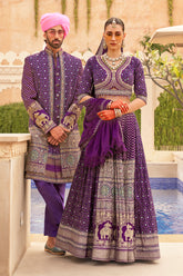 Exclusively for couple combo Purple designer outfit in pure pv silk and foil print with detailed hand mirror work